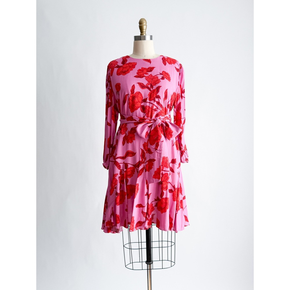 The Impeccable Pig Olivaceous Floral Mini Dress Large Pink Red Tie Waist Ruffle